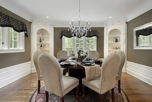 A chandelier in a dining room.