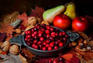 A bowl of cranberries surrounded by leaves and fall fruit.