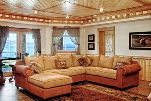 western style living room with wood decor and natural tones