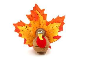 A Thanksgiving turkey made from a walnut and leaves.