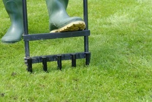 A spike tool used for aeration of a lawn.