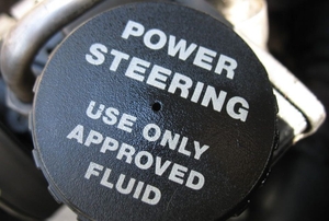 A close-up image of the power steering fluid compartment.