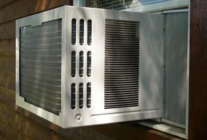 Air conditioner installed in a window.