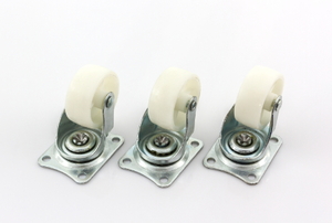 Three screw-on type white caster wheels.