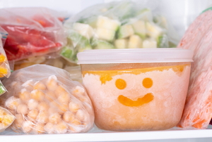 vegetables frozen in freezer with a smiley face drawn on one container