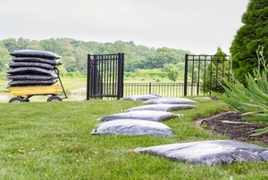 A landscaped yard with a wagon full of bags of mulch.