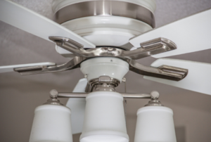 white and brushed metal ceiling fan