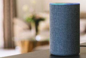smart home speaker on table in living room