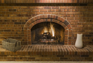 A brick fireplace.