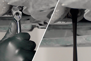 A split screen of a hand using a screwdriver on a car engine and oil draining out of the pan.