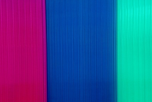 A group of multicolored polycarbonate panels.