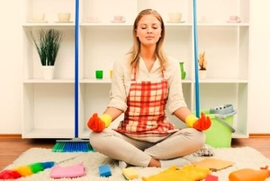 Woman staying calm while spring cleaning.