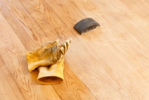 gloves and sander refinishing wood floor
