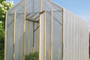small plastic greenhouse with wooden frame
