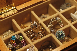 wooden box with jewelry