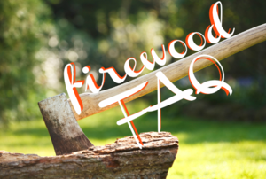 An axe stuck in a stump with the words "Firewood FAQ" over it.