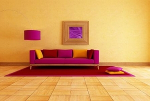 A colorful living room with contrasting furniture and walls.