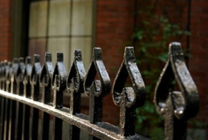 An ornamental metal fence painted black.
