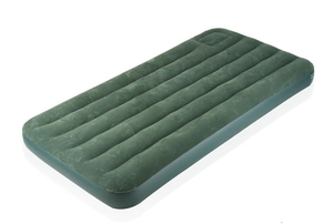 A green air mattress against a white background.