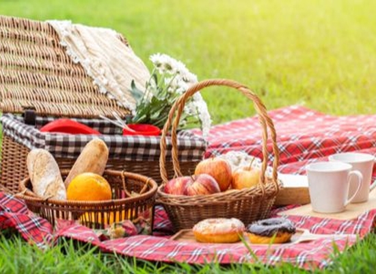 picnic basket and blanket laid out with fruit, donuts, mugs, and bread