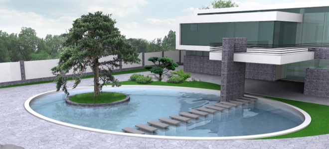 modern pool design with island features