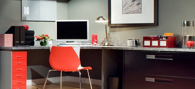 home office with red chair