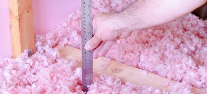 Loose fill insulation being measured with a ruler.