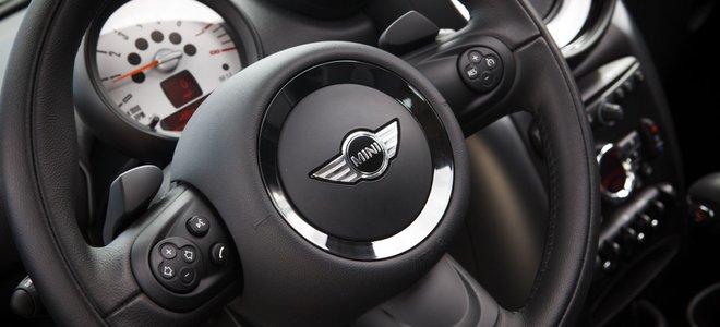 A Mini Cooper steering wheel.
