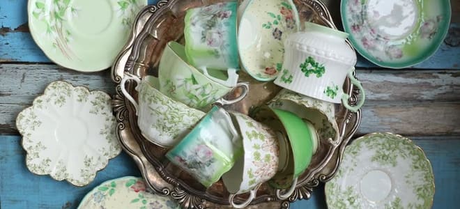 A collection of green vintage dishware. 