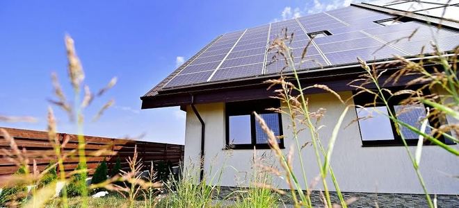 A house with solar panels on the roof.