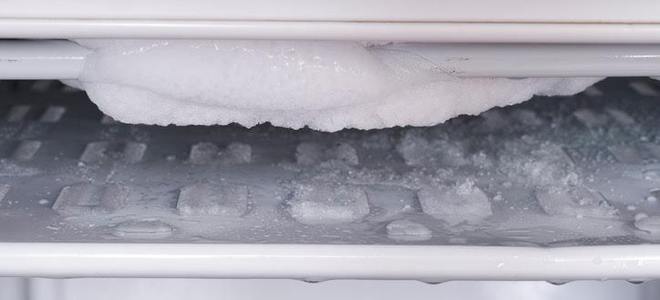 A close-up image of frost buildup in a freezer.