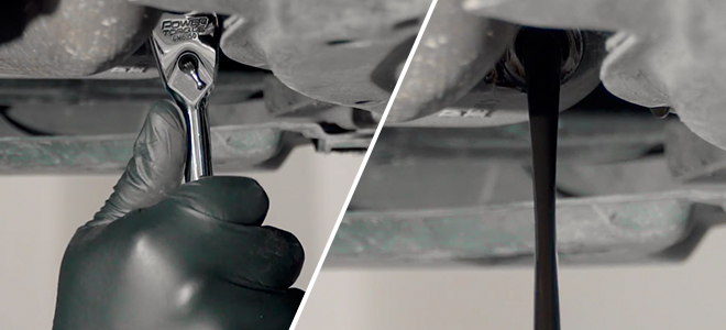 A split screen of a hand using a screwdriver on a car engine and oil draining out of the pan.