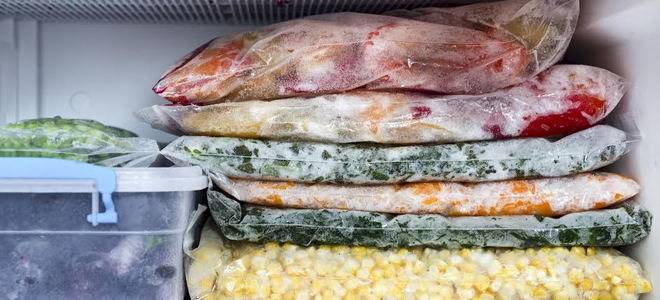 Food stacked in a freezer. 