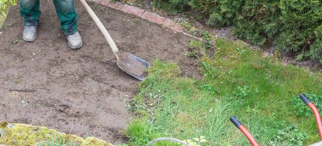 person with shovel digging up grass