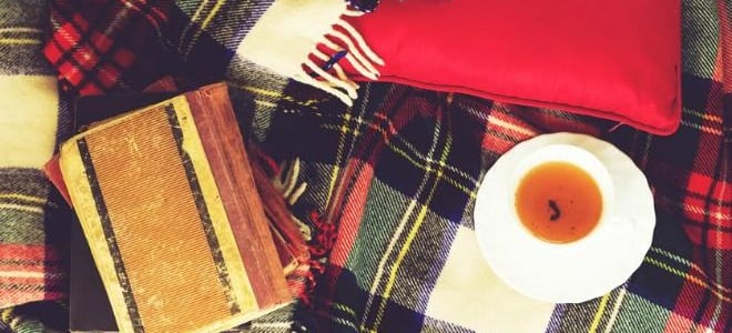A plaid blanket with a book and pillow. 