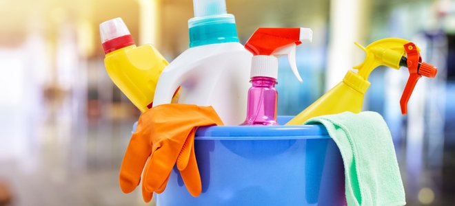 A bucket of cleaning supplies.