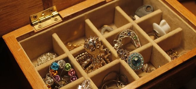 wooden box with jewelry