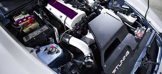 An exposed car engine.