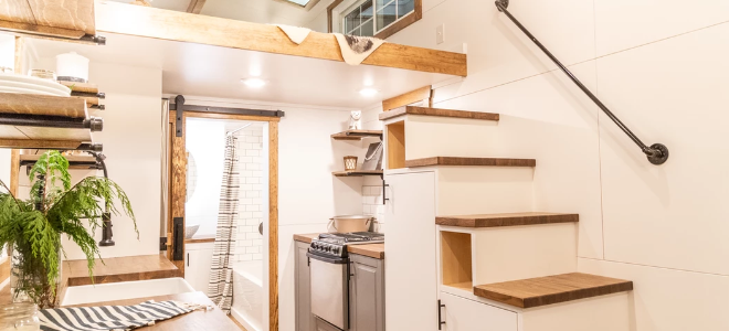interior of tiny house with stairs
