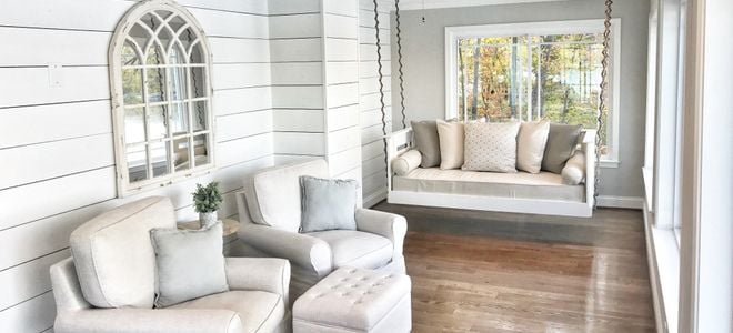 shiplap accent wall on lakehouse porch