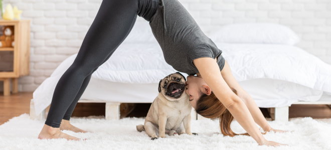 woman doing yoga and kissing happy dog