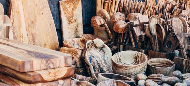 hand carved wooden kitchen crafts on display