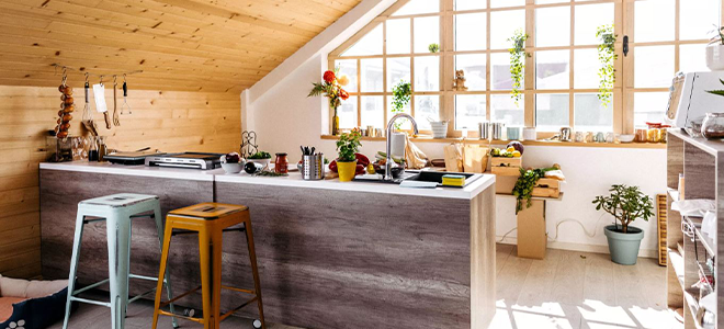 wood kitchen design with large window