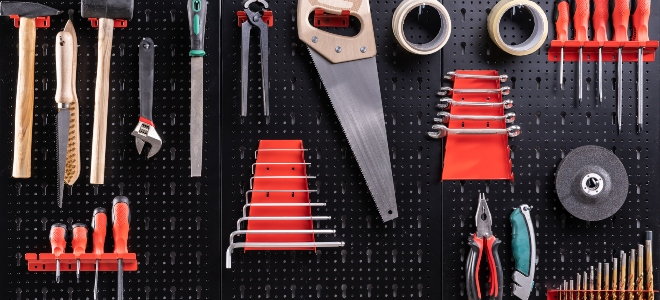 organized tools on a pegboard