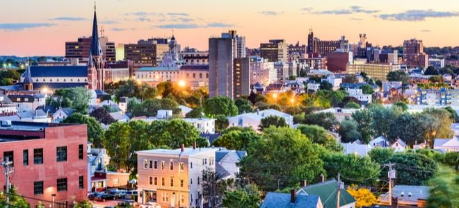 northeastern city of Portland, Maine at sunset