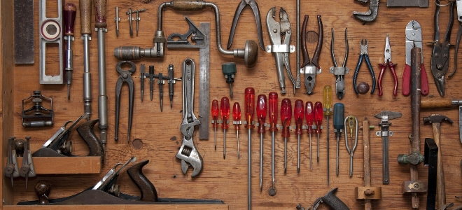 workshop tools on a storage wall