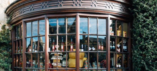 large curved window on shop