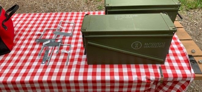 storage container on table with red and white cloth
