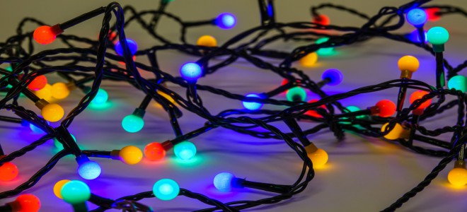 Tangled cords of Christmas lights. 
