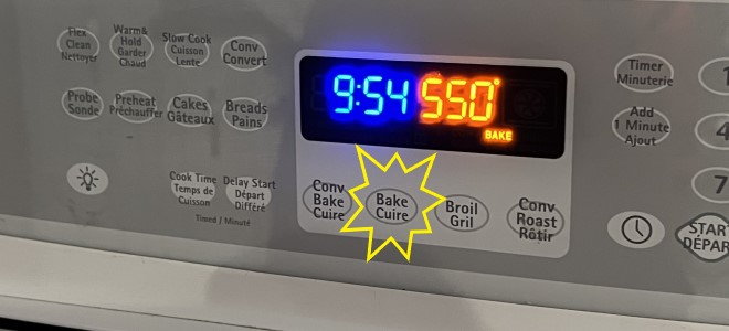 oven controls with bake button highlighted